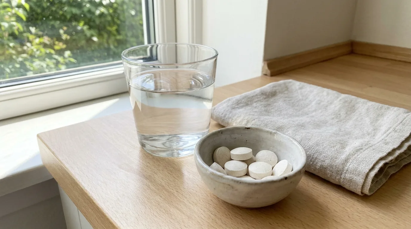 A glass of water and a small dish of chalky antacid tablets on a kitchen counter