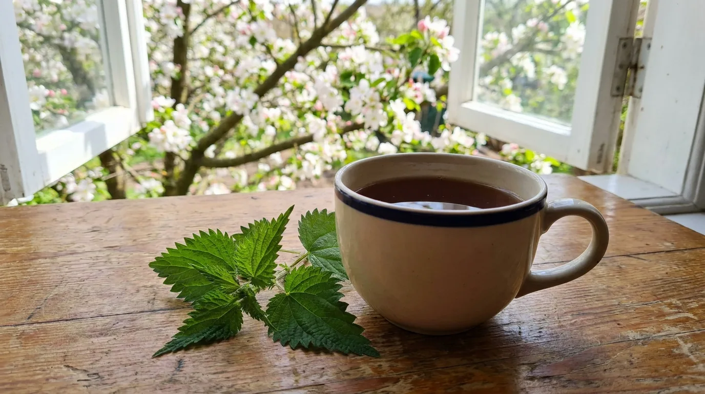 A cup of nettle tea on a table by an open window with spring blossom outside