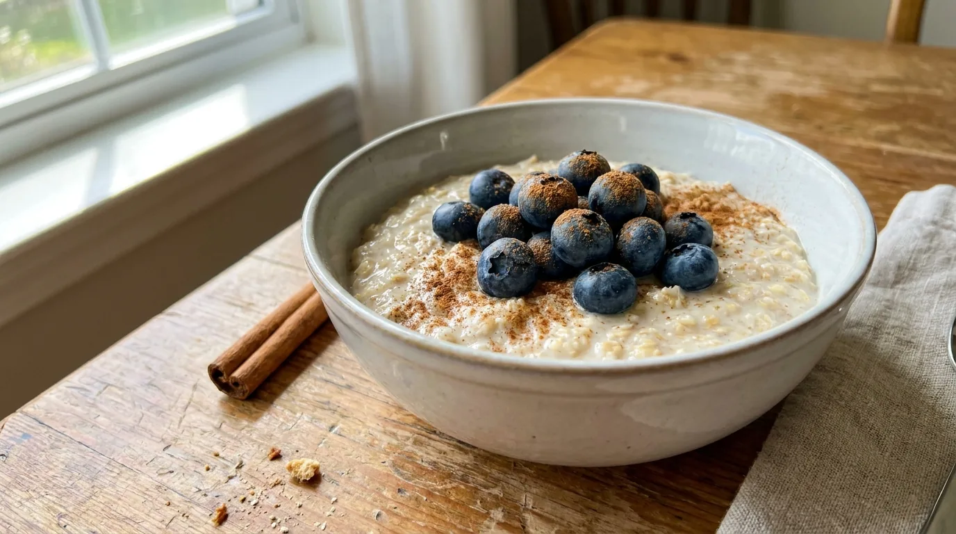 A bowl of porridge with berries and cinnamon
