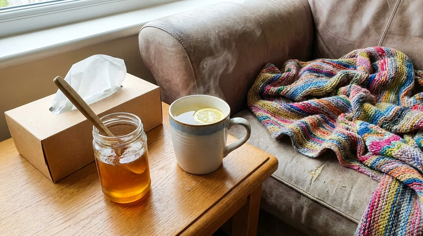 Hot lemon and honey in a mug with a box of tissues