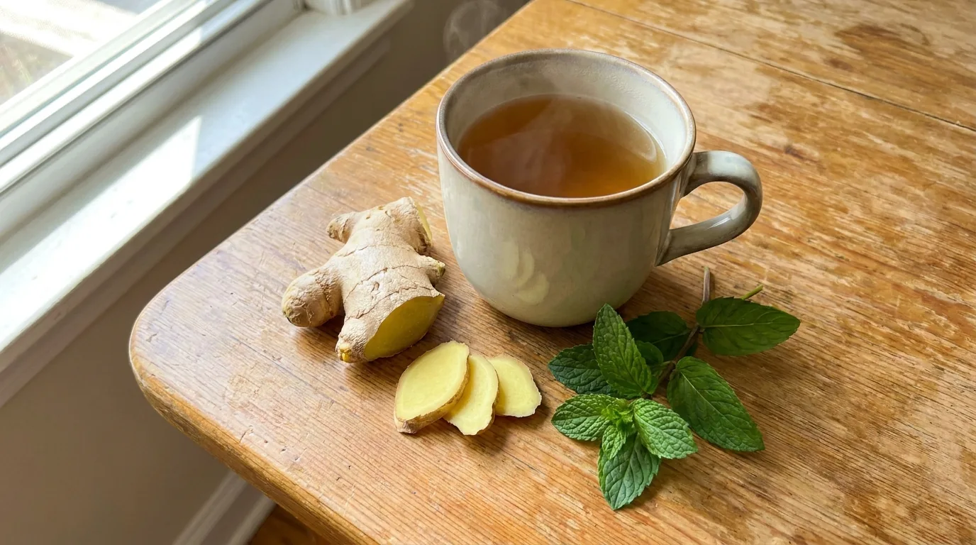 Herbal tea with fresh ginger and mint on a kitchen table