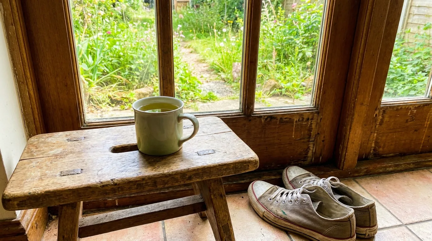 A cup of green tea next to a pair of trainers by a sunny doorway