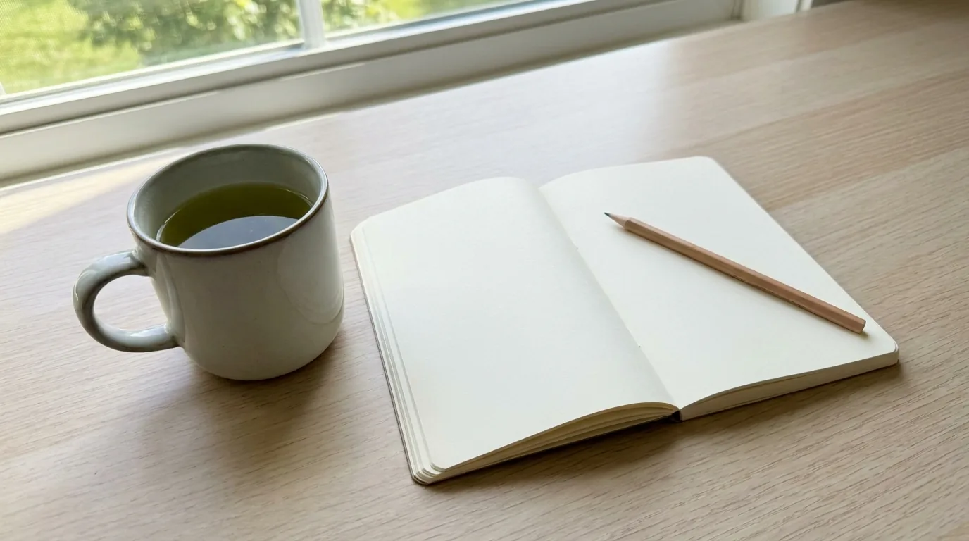 A cup of green tea next to an open notebook on a desk