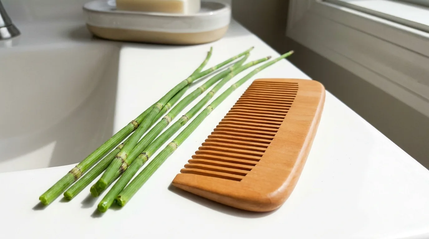 Fresh horsetail stems and a wooden comb on a bathroom counter