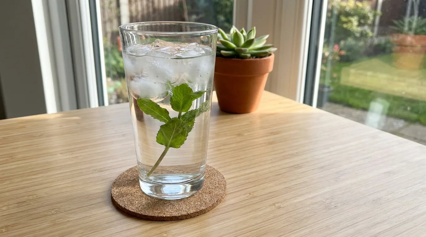 A glass of water and fresh peppermint on a desk by a window