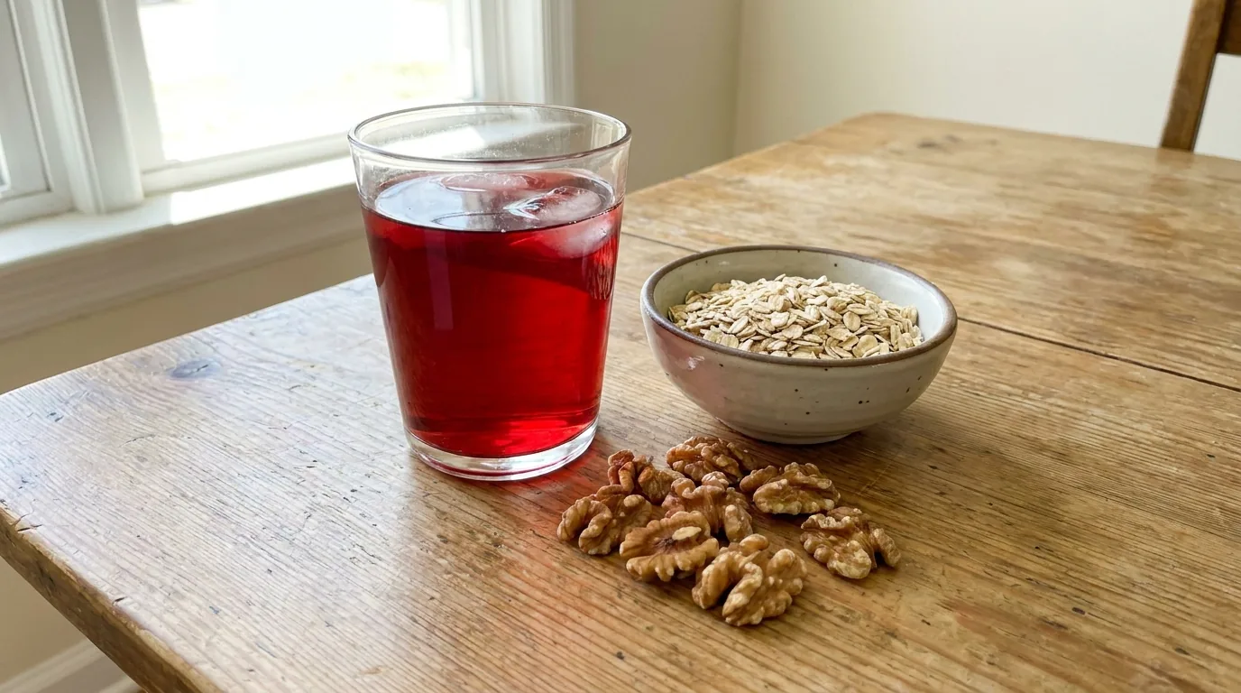 A glass of hibiscus tea with oats and walnuts