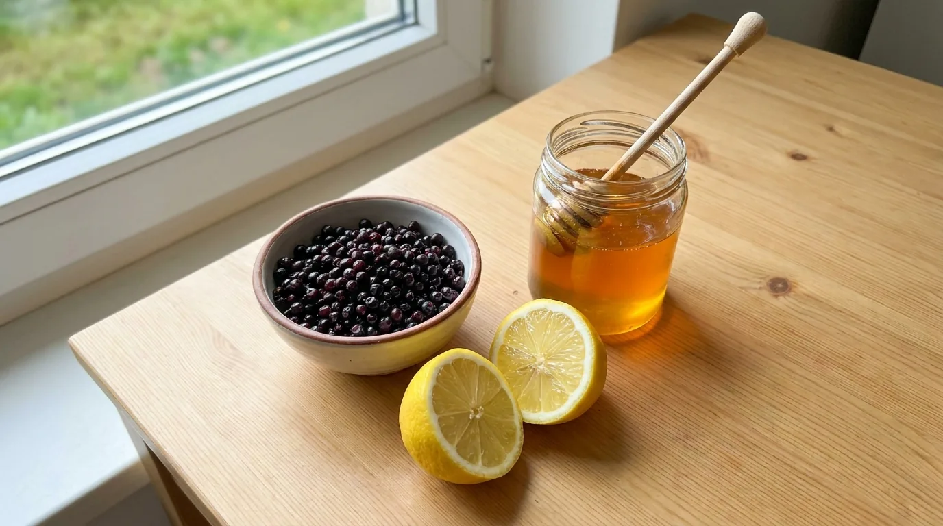 Elderberries, a lemon and a jar of honey on a kitchen table