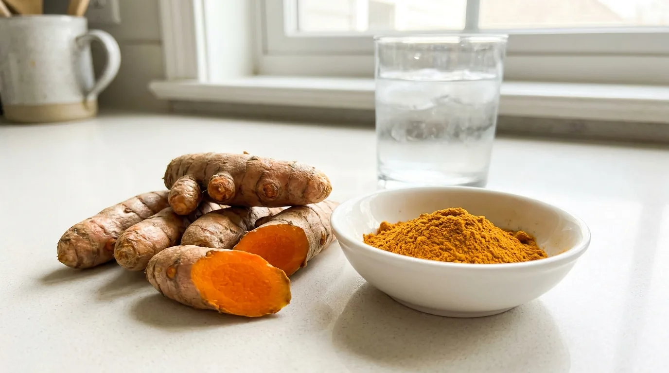 Fresh turmeric root, ground turmeric and a glass of water on a counter