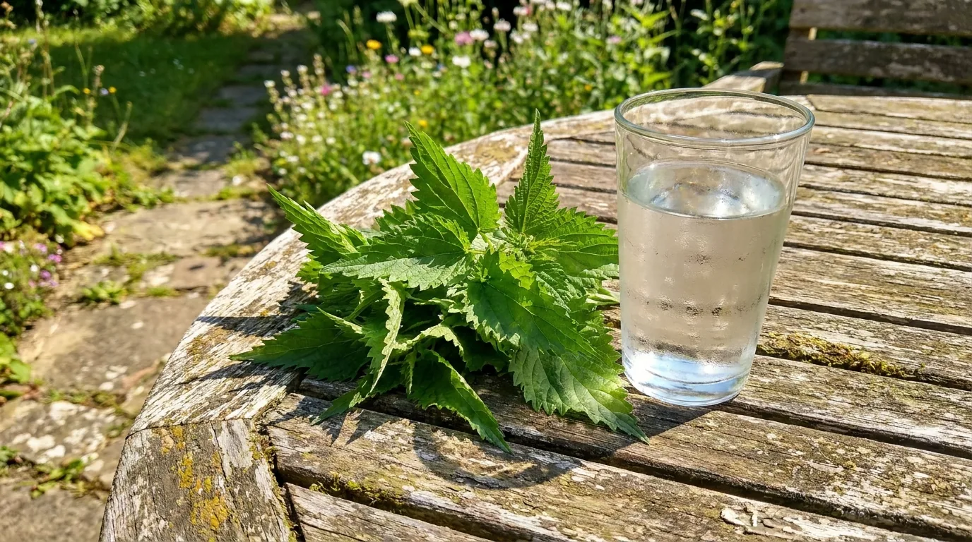 Fresh nettle leaves and a glass of water on an outdoor table