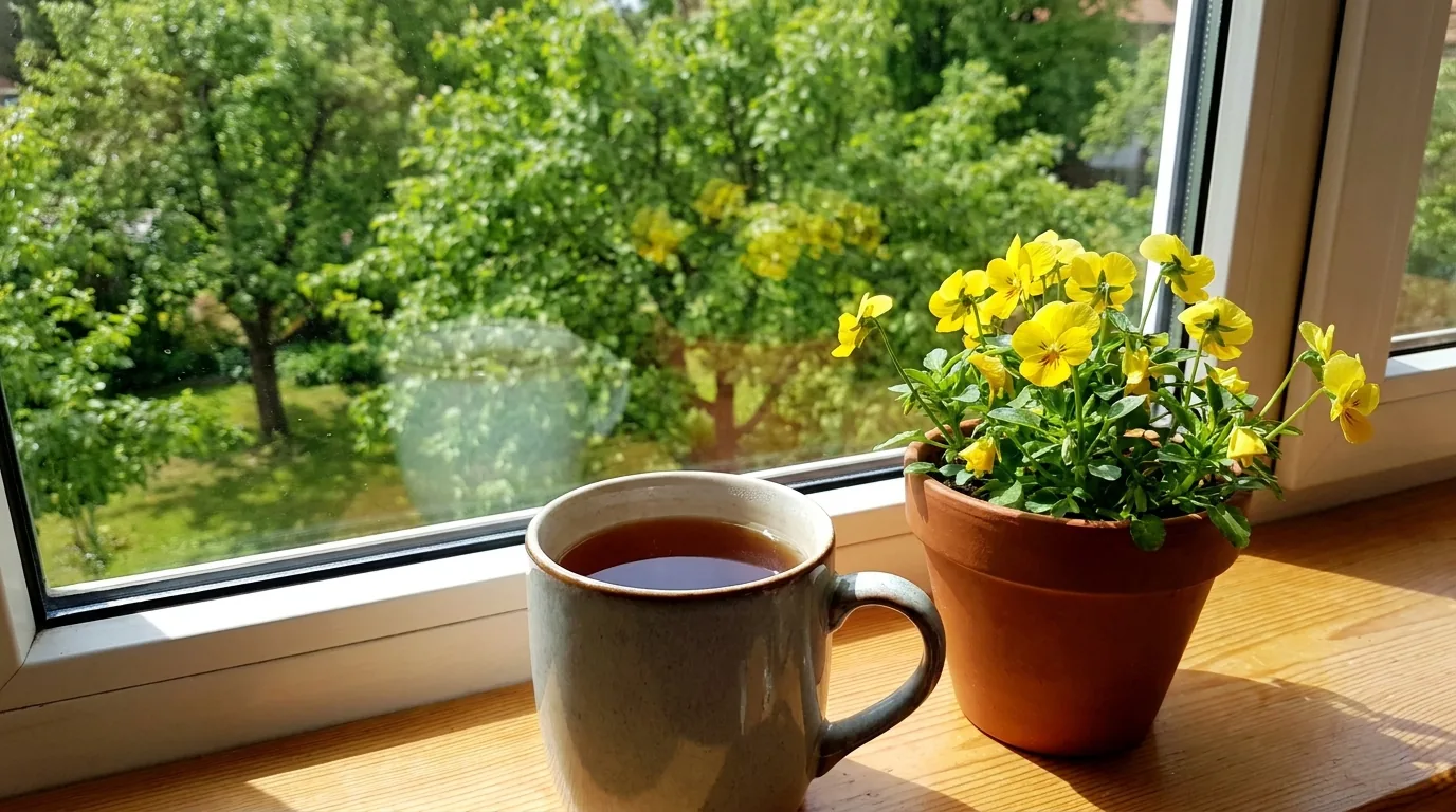 A mug of tea on a sunny windowsill with a view of trees