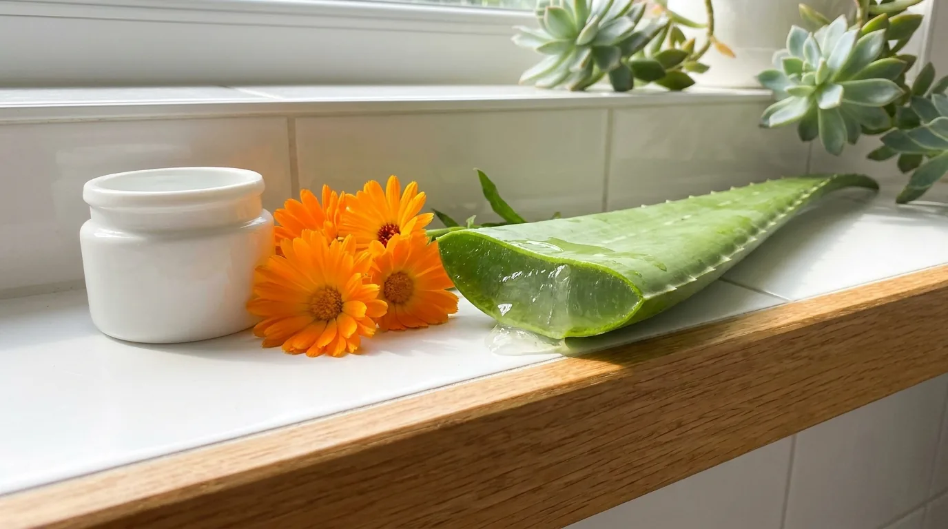 A cut aloe vera leaf and a calendula flower on a bathroom shelf