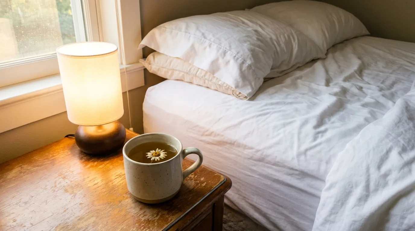 A mug of chamomile tea on a bedside table in soft evening light