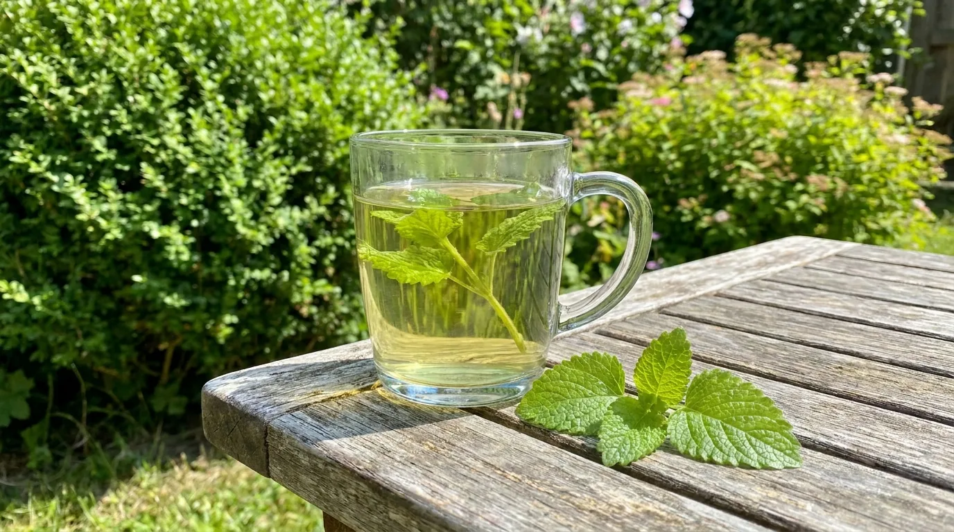 A cup of lemon balm tea on a garden table