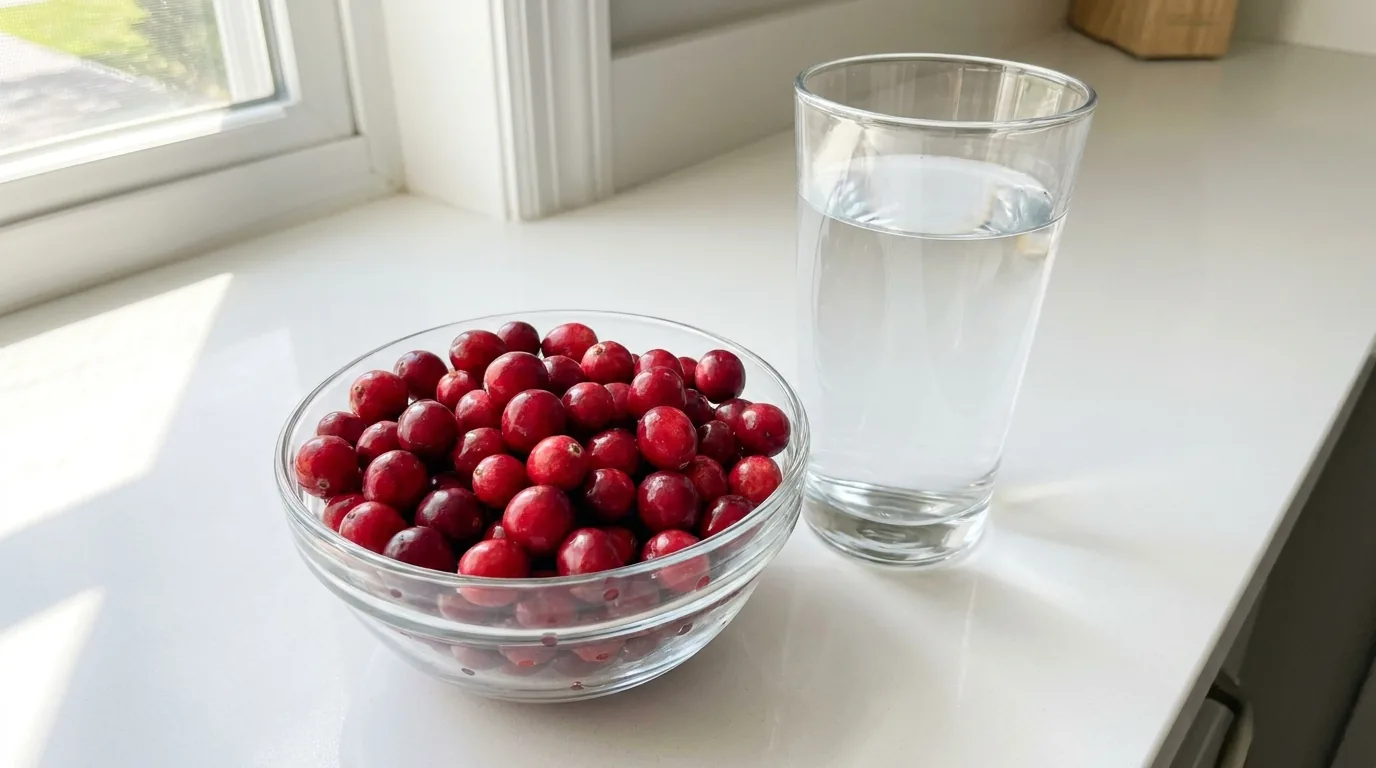 Fresh cranberries and a glass of water on a kitchen counter