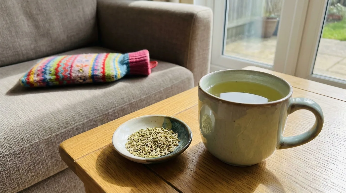 Fennel tea with fennel seeds and a hot water bottle on a sofa