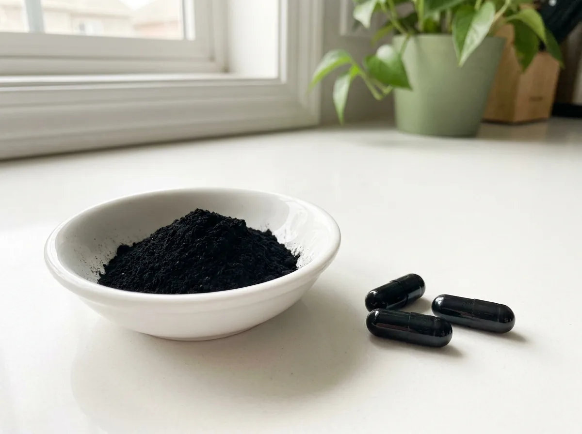 Black activated charcoal powder and capsules in small dishes