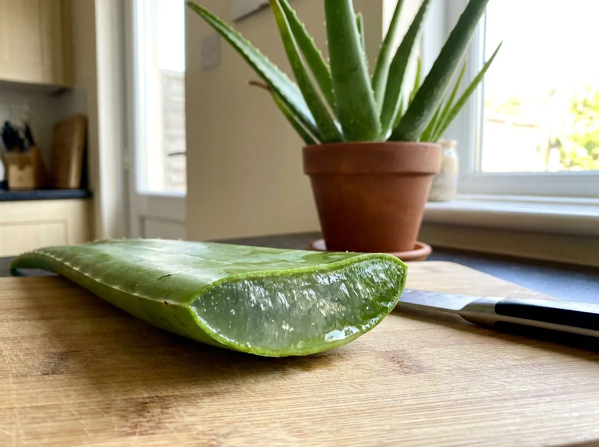 A cut aloe vera leaf showing the clear gel