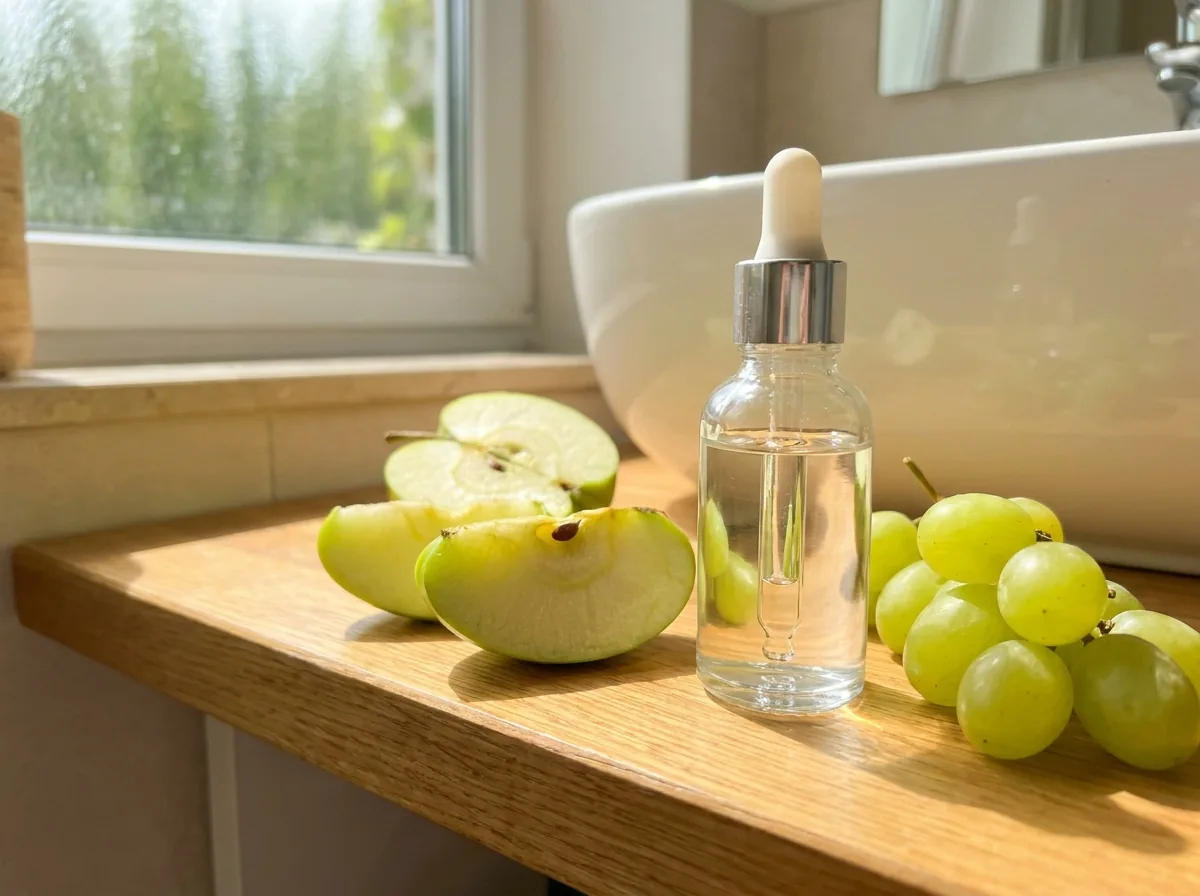 A clear serum bottle beside sliced apples and grapes