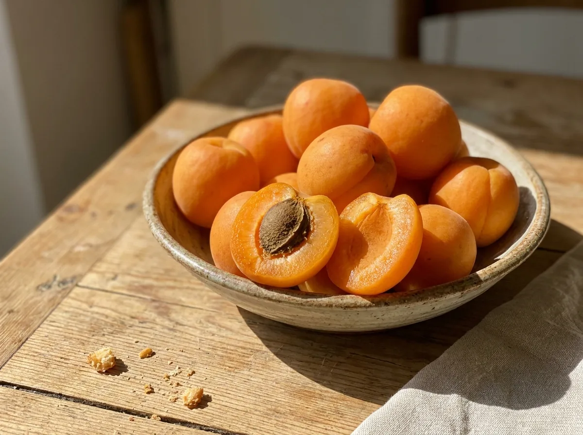 Fresh apricots, one split to show the stone