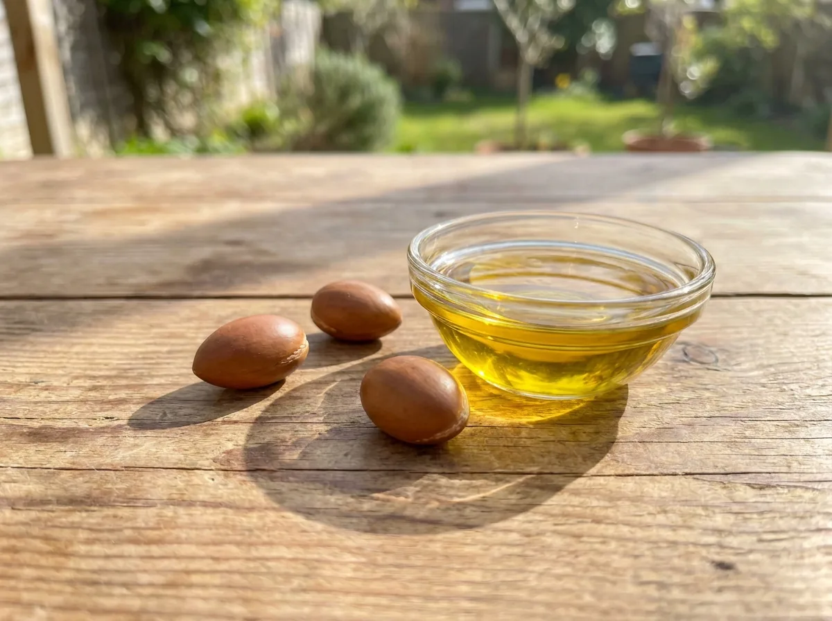 Golden argan oil in a small bowl beside argan nuts