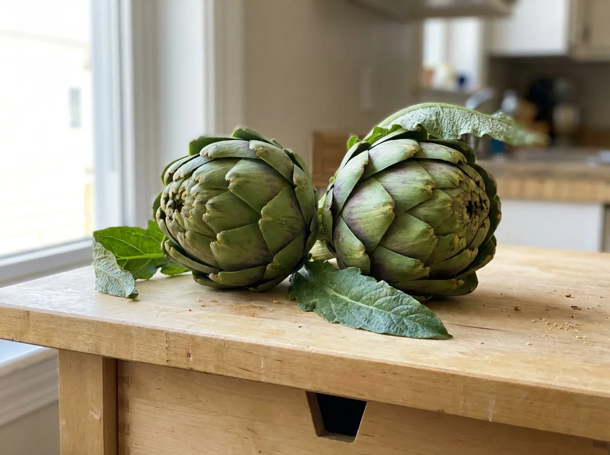 Fresh globe artichokes with green leaves