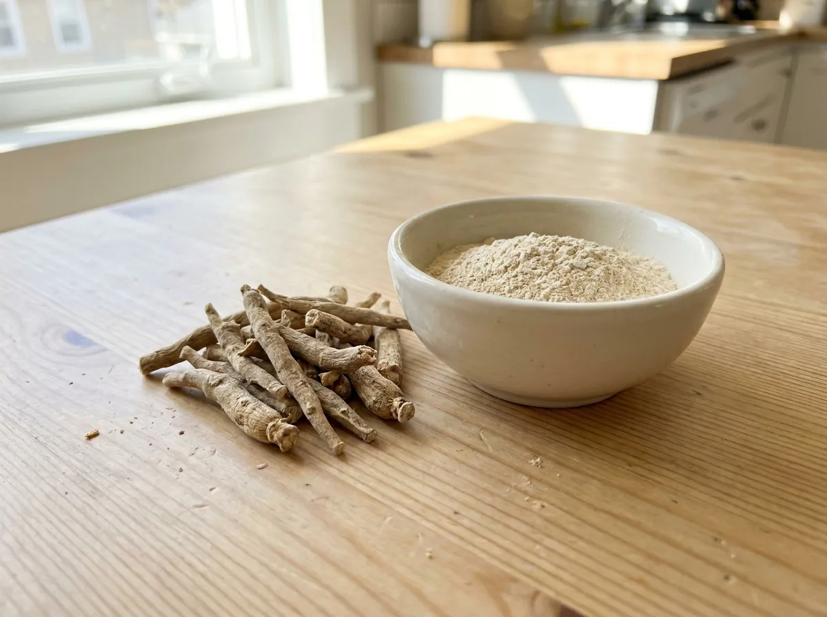 Ashwagandha root and powder in a small bowl