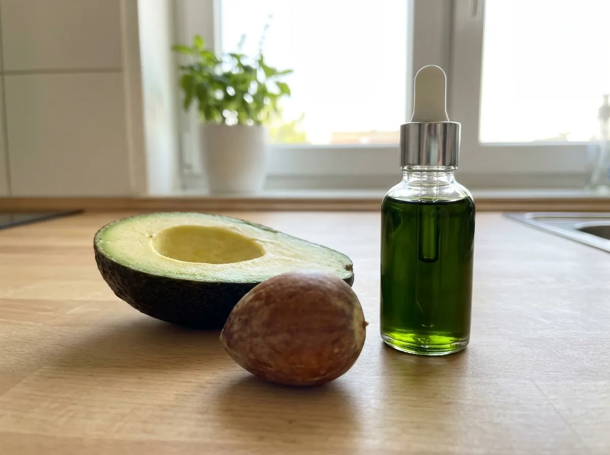 A halved avocado beside a small bottle of green avocado oil