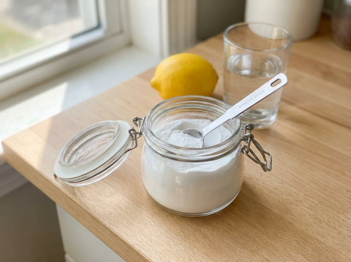 Baking soda in a glass jar with a spoon