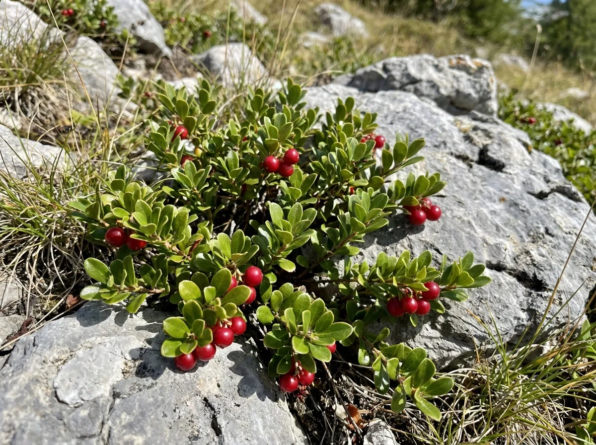 A bearberry plant with red berries and small glossy leaves