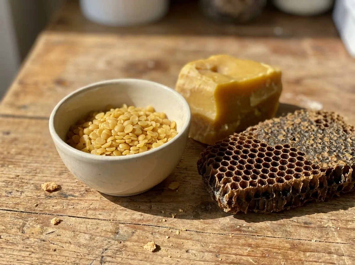 Beeswax pellets and a block of beeswax beside honeycomb