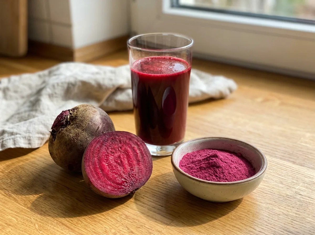 Fresh beetroot beside a glass of beetroot juice and a bowl of powder