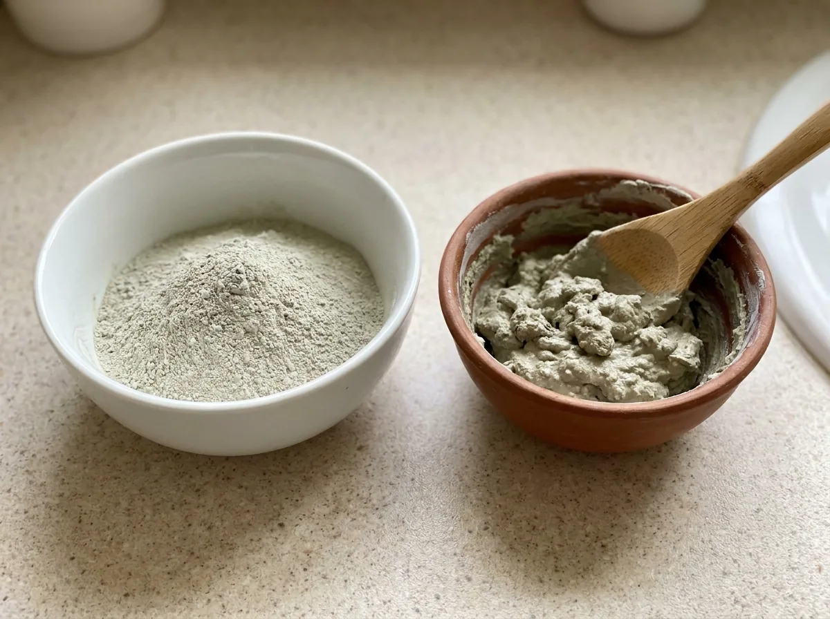 Grey-green bentonite clay powder and mixed clay paste in bowls