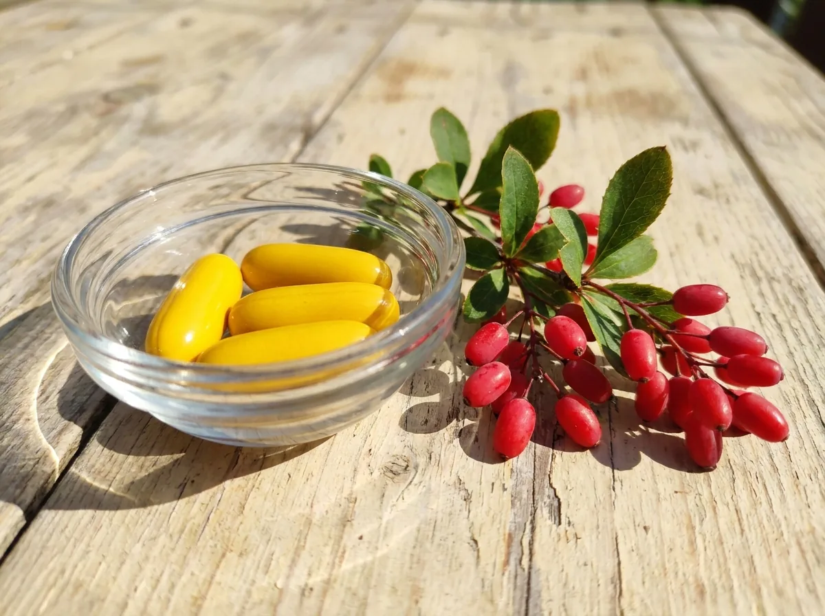 Bright yellow berberine capsules with barberry berries