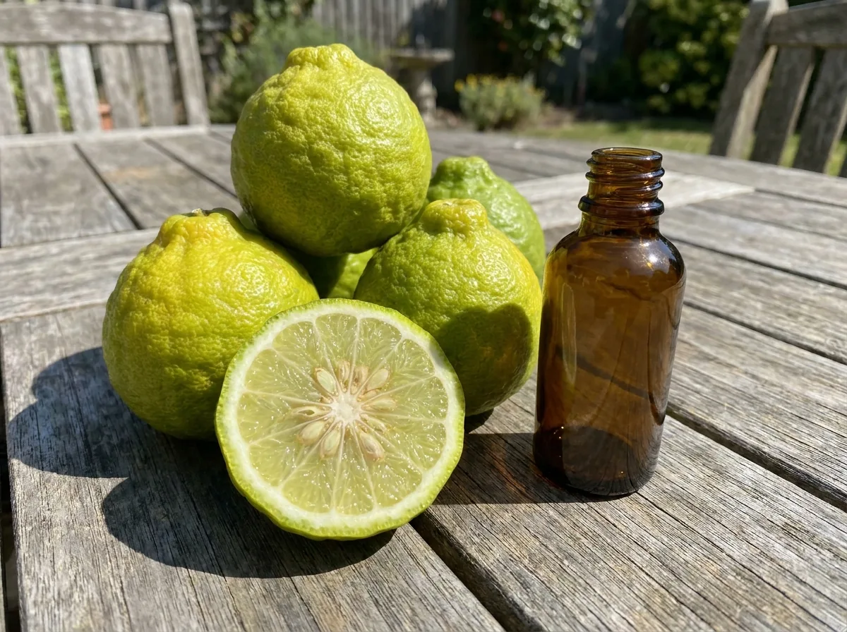 Green-yellow bergamot fruit, one halved, on a table