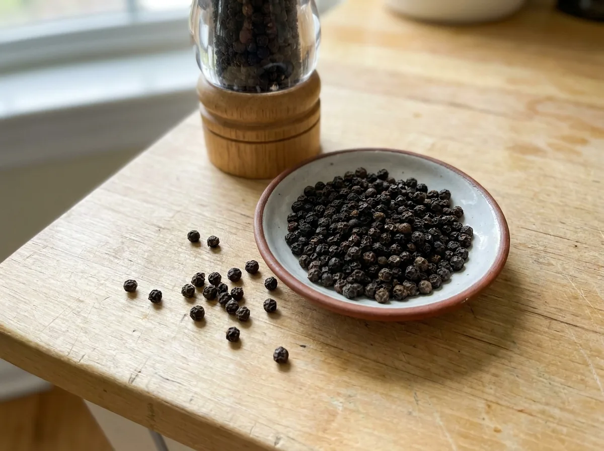 Black peppercorns in a small dish