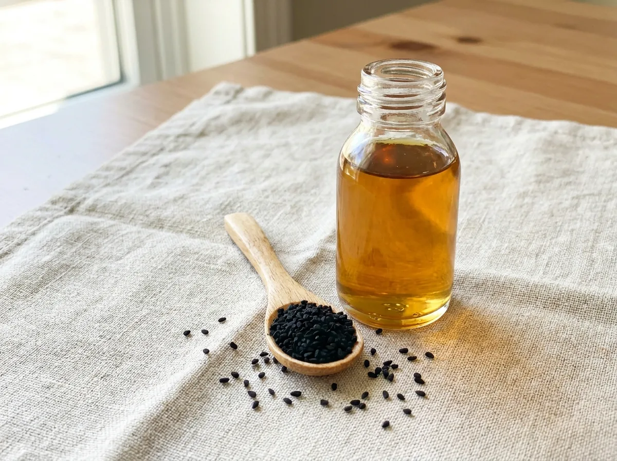 Small glass bottle of black seed oil with black cumin seeds