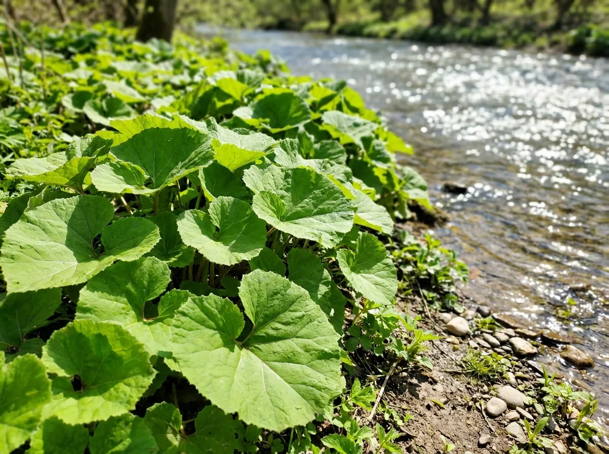 Large butterbur leaves growing by a stream