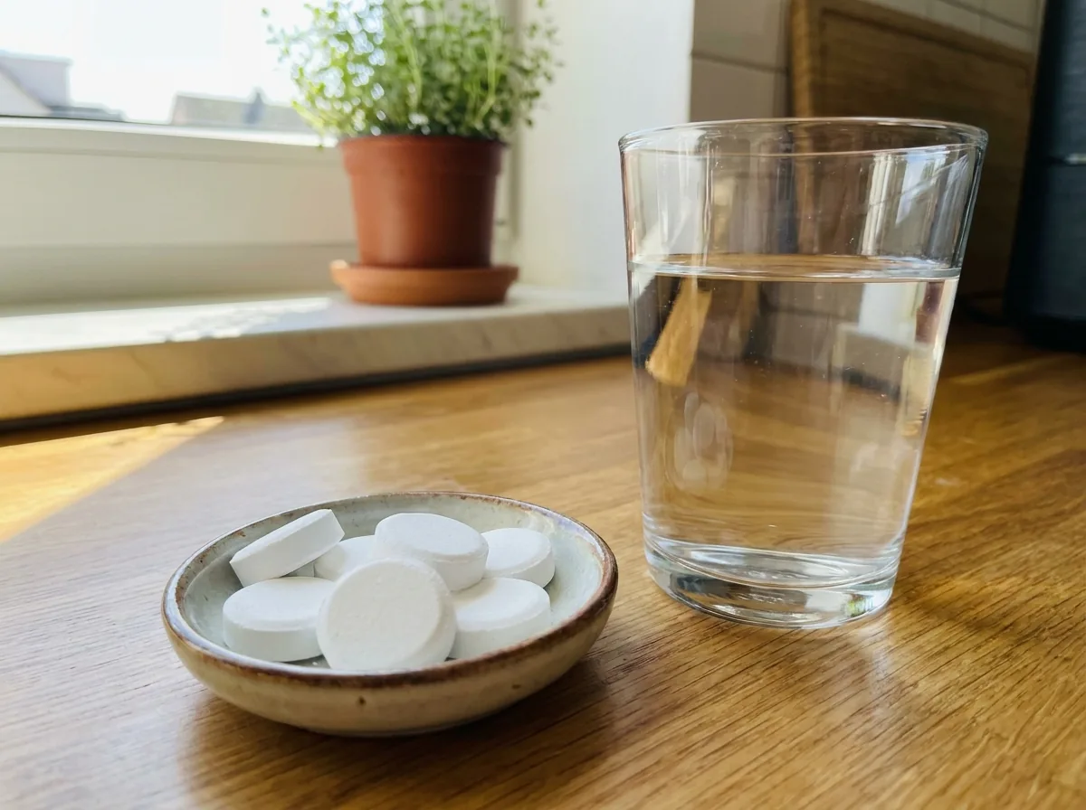 White chalky tablets in a small dish beside a glass of water