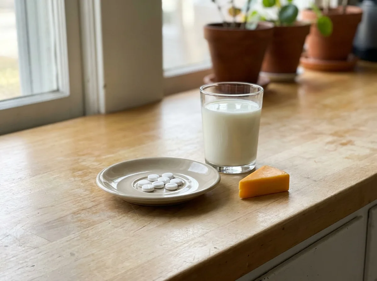 White calcium tablets beside a glass of milk