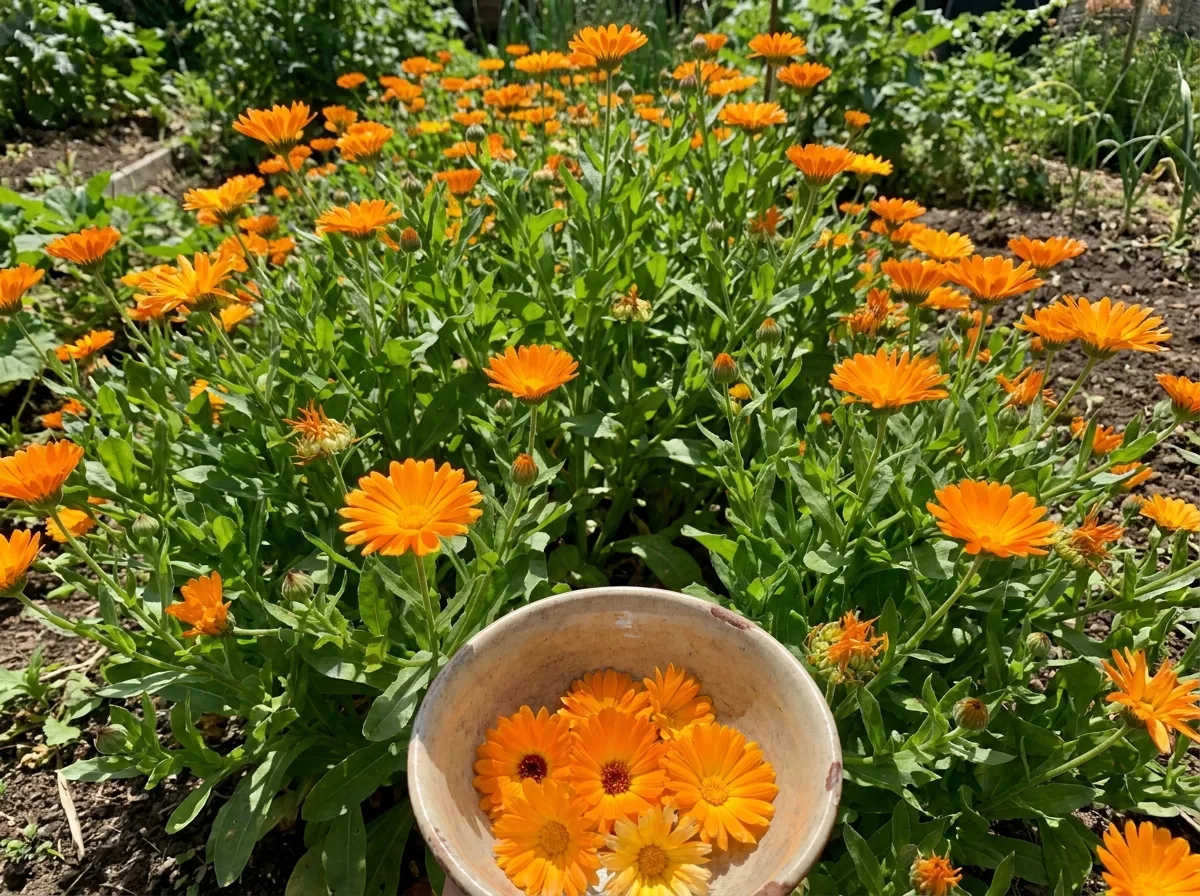 Orange calendula flowers in a garden
