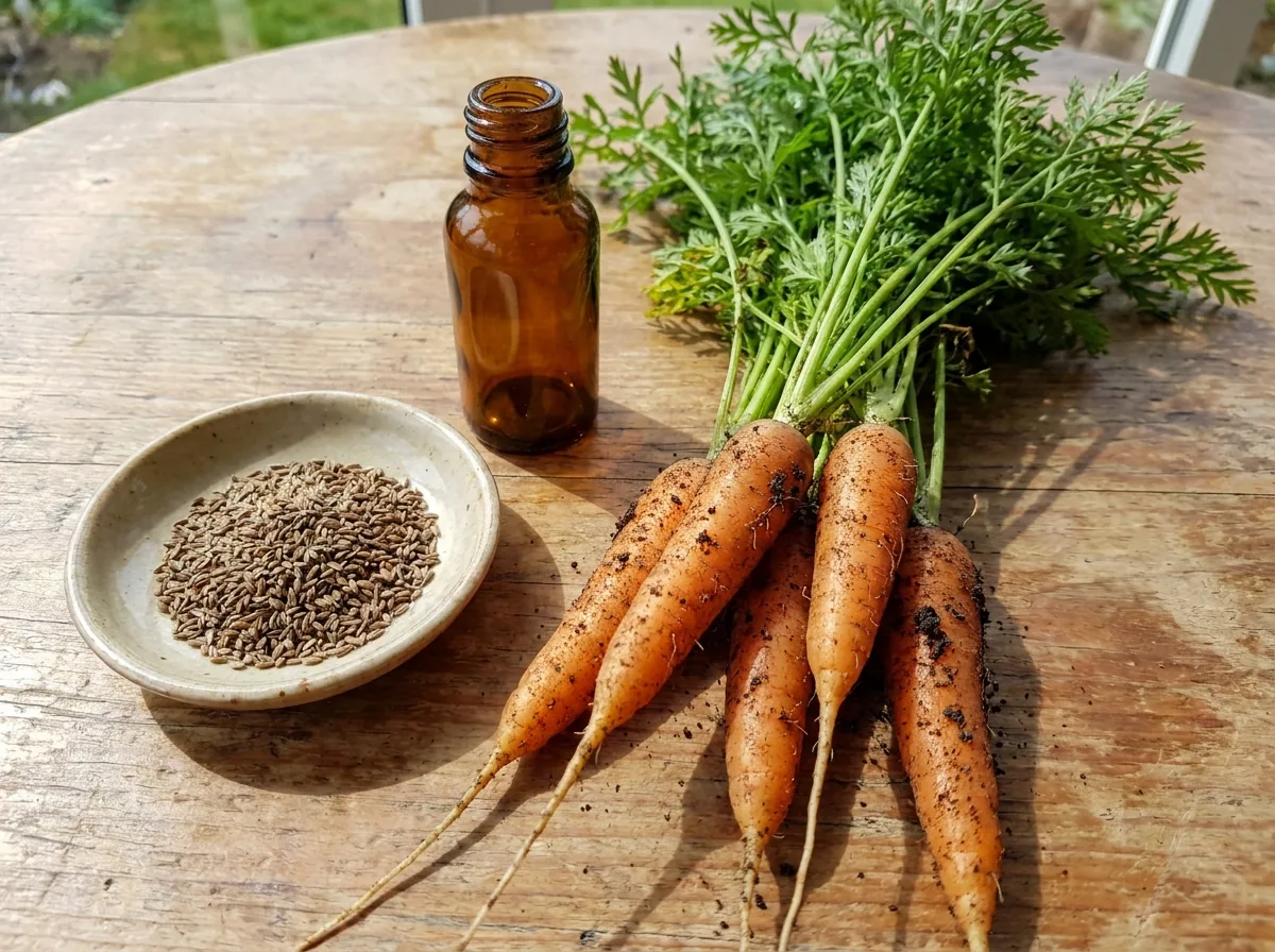 Carrot seeds and a small bottle of oil beside fresh carrots