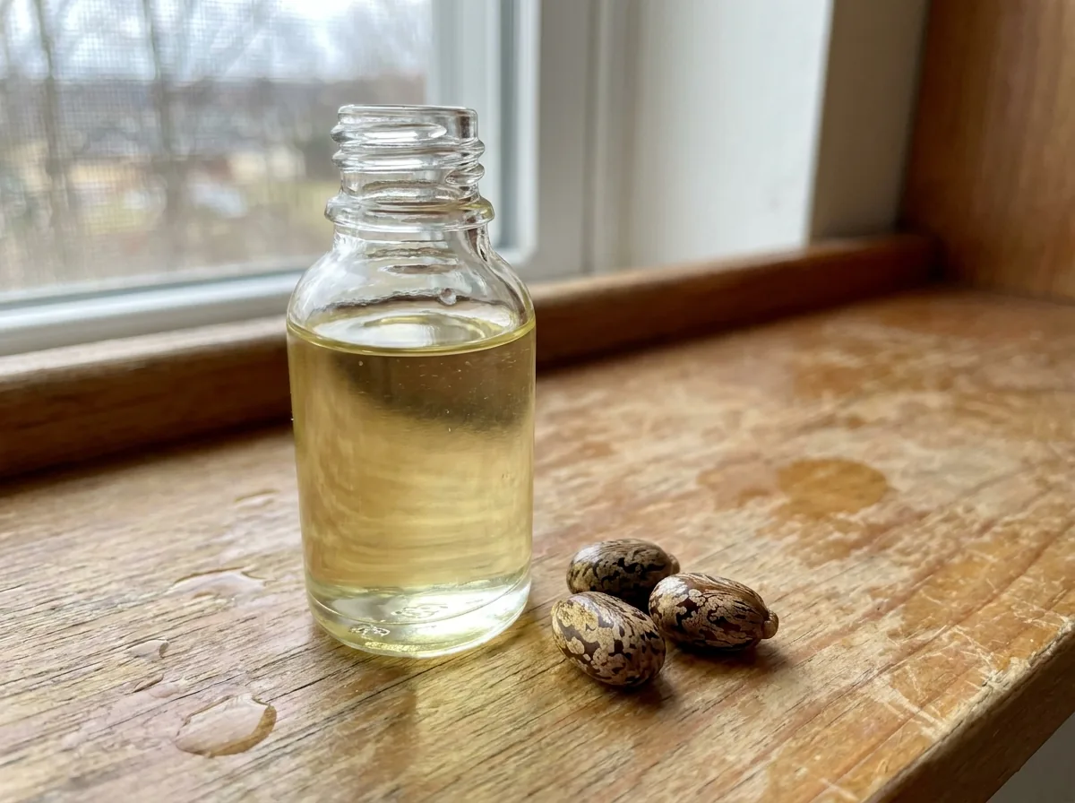 A small glass bottle of pale castor oil beside castor beans