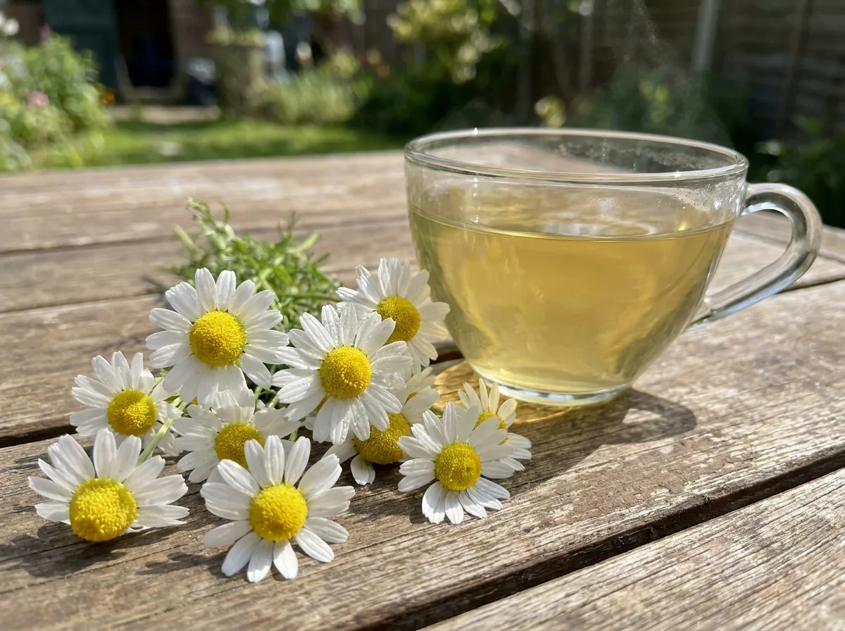 Fresh chamomile flowers and a cup of chamomile tea