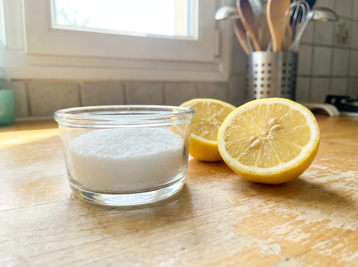 Citric acid crystals beside halved lemons