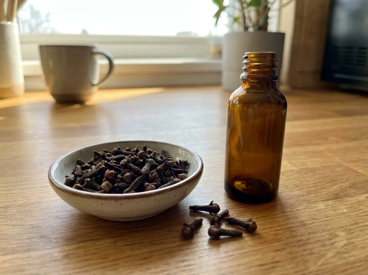 Whole cloves in a small bowl beside a bottle of clove oil