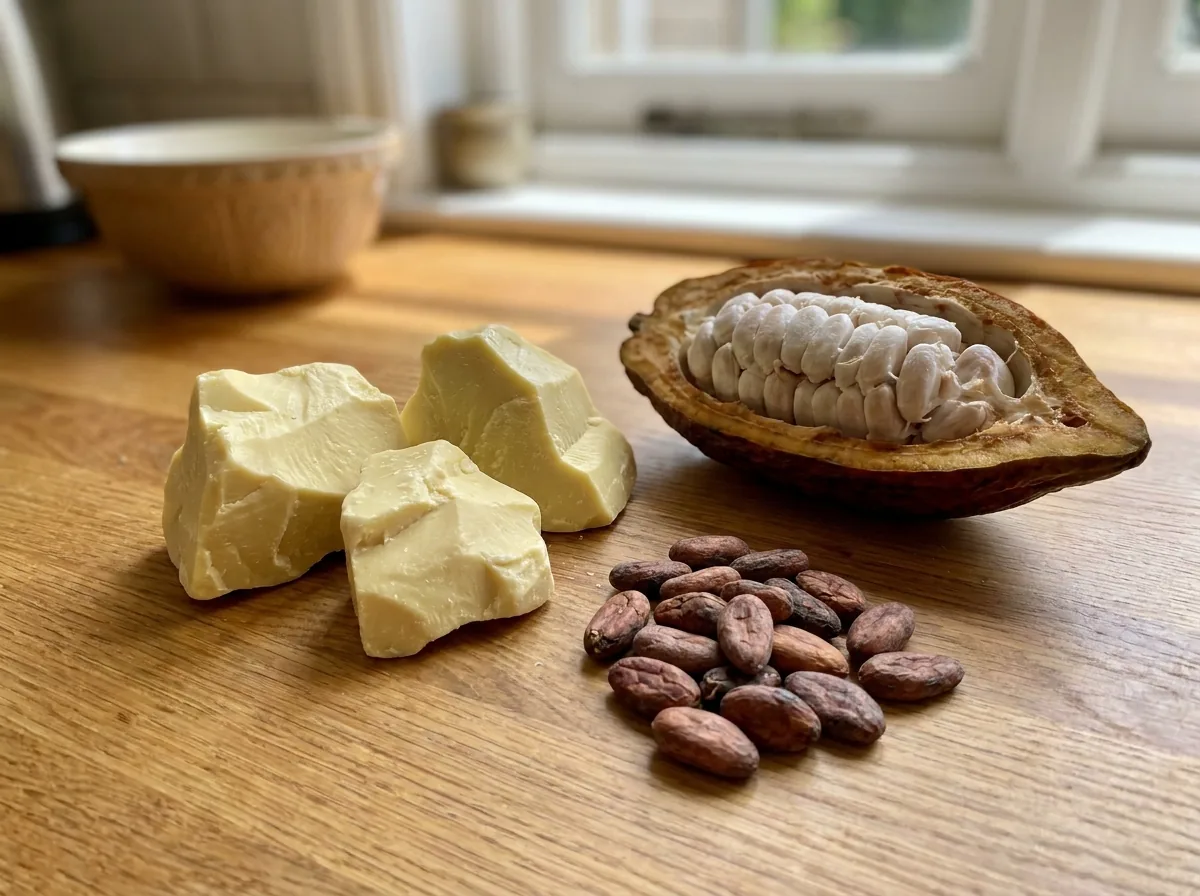 Pale cocoa butter pieces beside cocoa beans