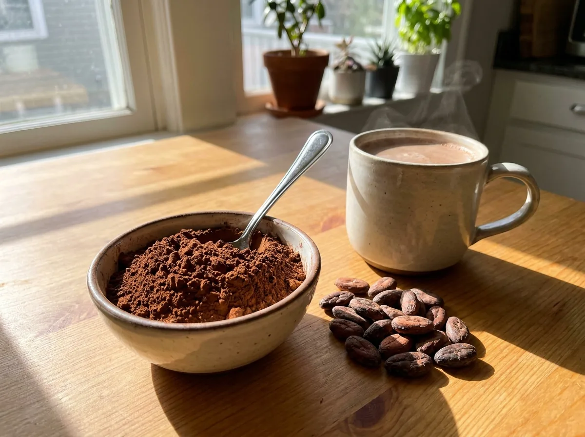 A bowl of cocoa powder beside cocoa beans and a mug of hot cocoa