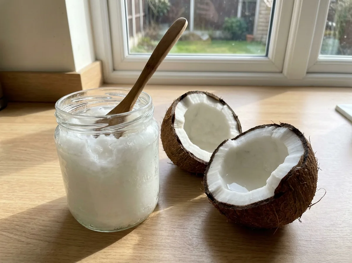 A jar of white coconut oil beside a halved coconut
