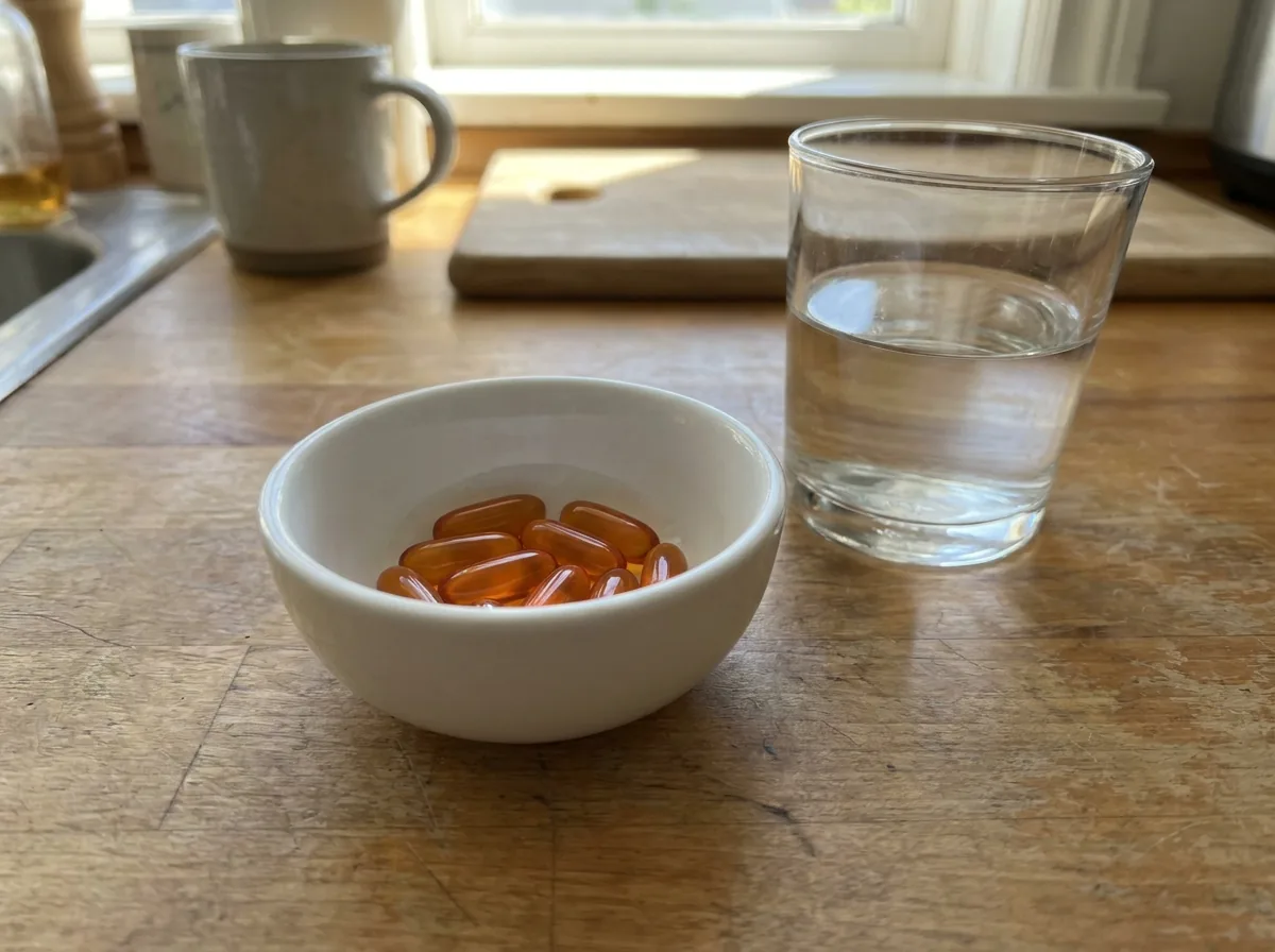 Orange softgel capsules in a small dish beside a glass of water