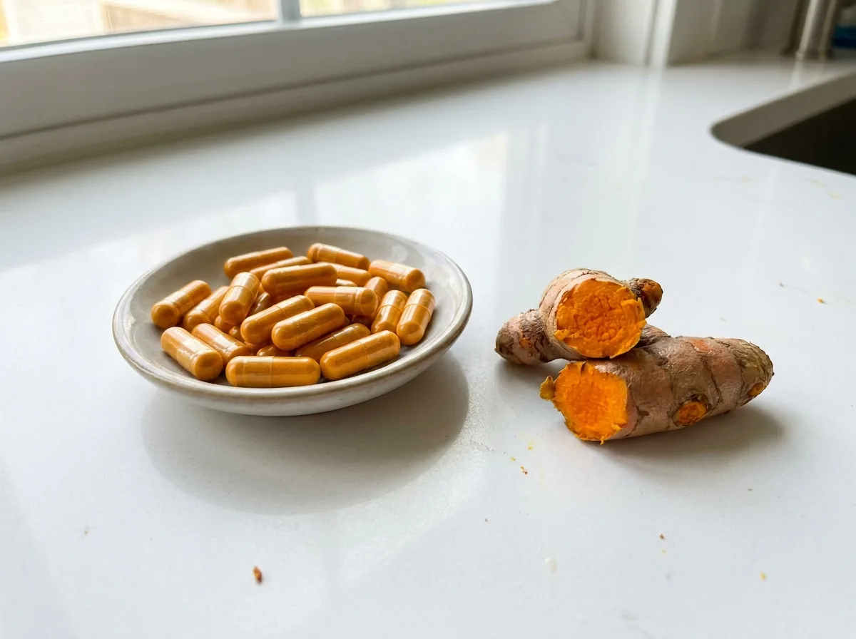 Orange curcumin capsules beside fresh turmeric root